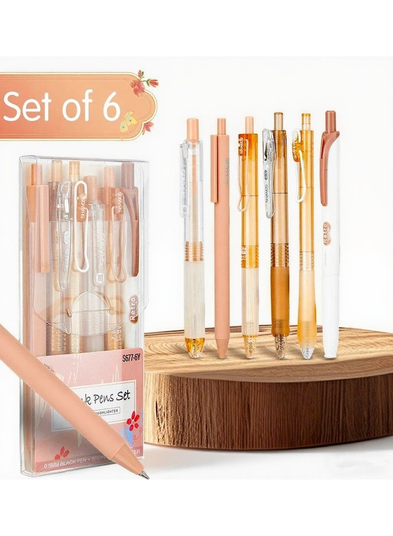 Gel Ink Pens Set, 1-Pack Highlighter Pen and Retractable 5-Pack Black Ink Pens With 0.5mm Fine Point Note for Writing , School and Office (Brown) - Image 1