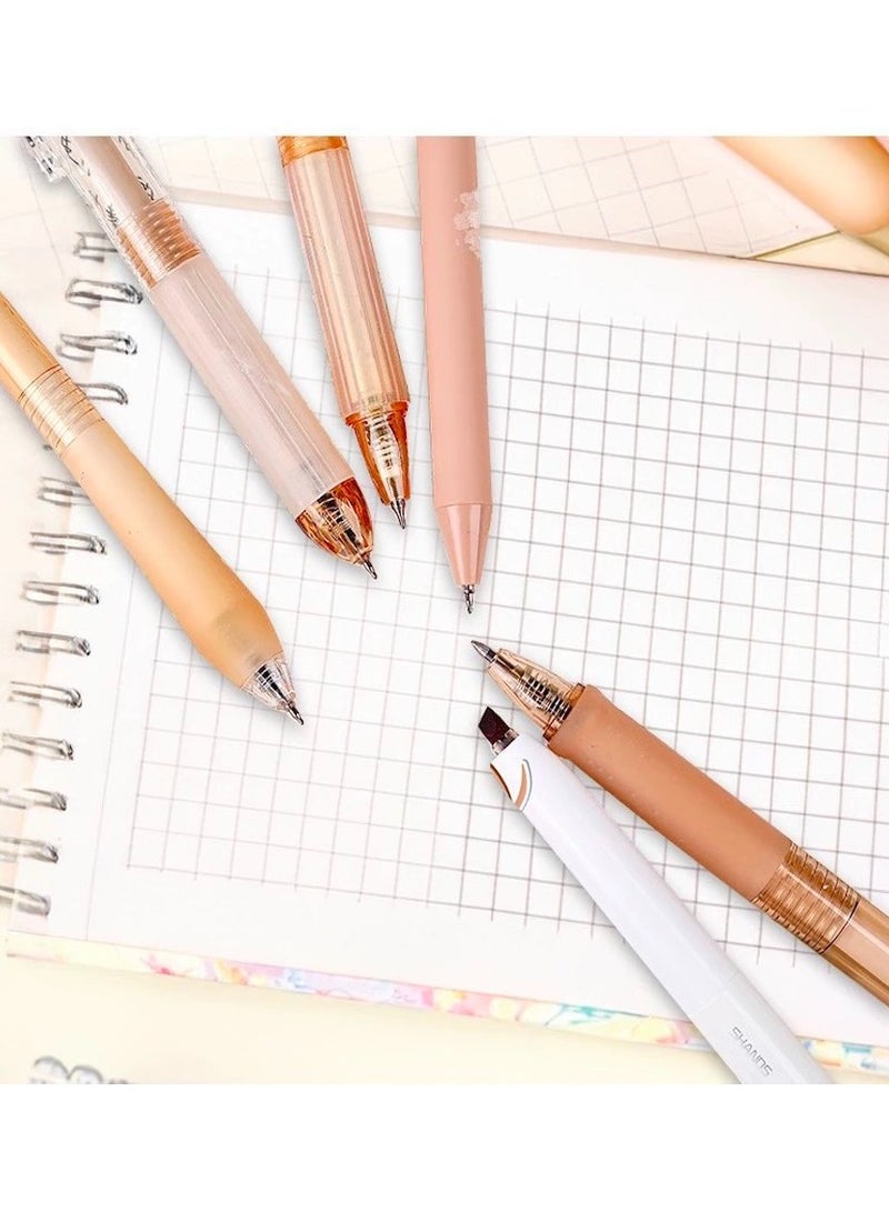 Gel Ink Pens Set, 1-Pack Highlighter Pen and Retractable 5-Pack Black Ink Pens With 0.5mm Fine Point Note for Writing , School and Office (Brown) - Image 2