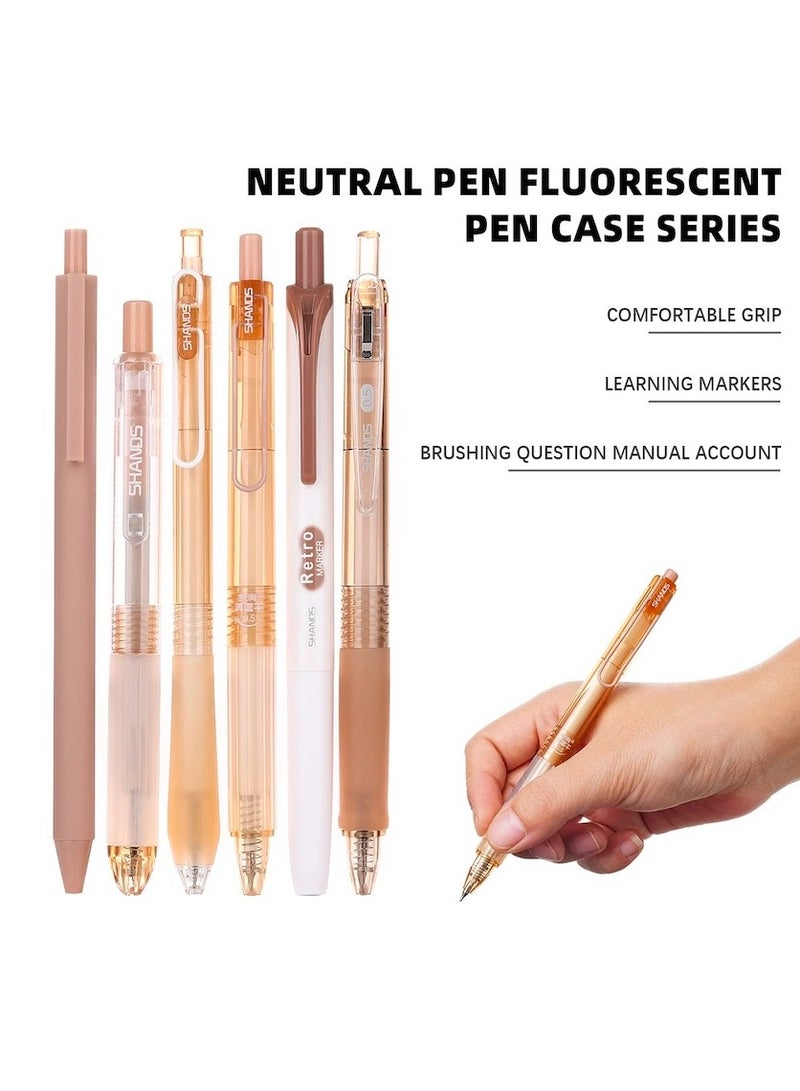 Gel Ink Pens Set, 1-Pack Highlighter Pen and Retractable 5-Pack Black Ink Pens With 0.5mm Fine Point Note for Writing , School and Office (Brown) - Image 5