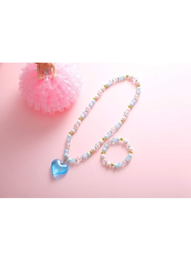 PinkSheep Beads Necklace and Bracelet for Kids, 3 Sets, Little Girls Jewelry Necklace and Bracelet with Heart Pendant, Dress Up Pretend Play Party Favor - Image 2