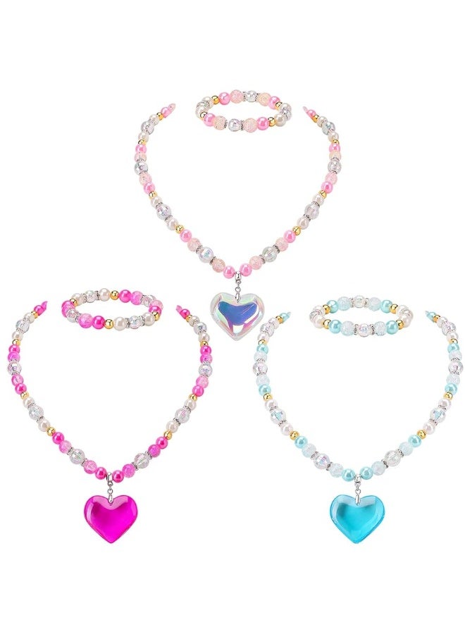 PinkSheep Beads Necklace and Bracelet for Kids, 3 Sets, Little Girls Jewelry Necklace and Bracelet with Heart Pendant, Dress Up Pretend Play Party Favor - Image 3