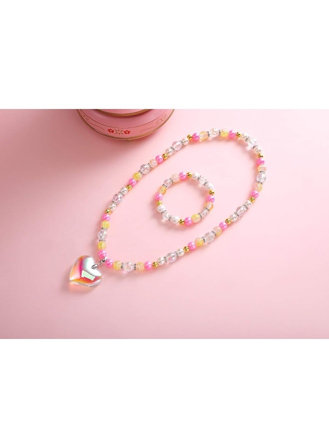 PinkSheep Beads Necklace and Bracelet for Kids, 3 Sets, Little Girls Jewelry Necklace and Bracelet with Heart Pendant, Dress Up Pretend Play Party Favor - Image 4