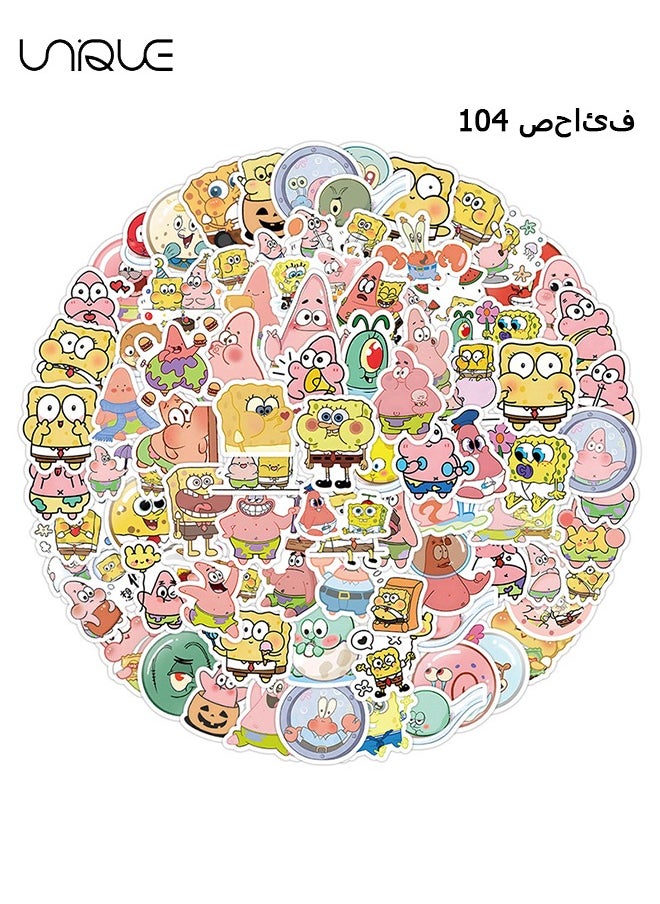 104 Pcs Cartoon Lovely SpongeBob Stickers - Skateboard Guitar Stickers Waterproof for Kids Teens Adults Luggage Laptop Decal Stickers