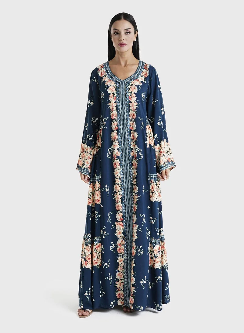 KASHKHA Navy Blue Floral Printed Viscose Stone Work Jalabiya (VDM557B)