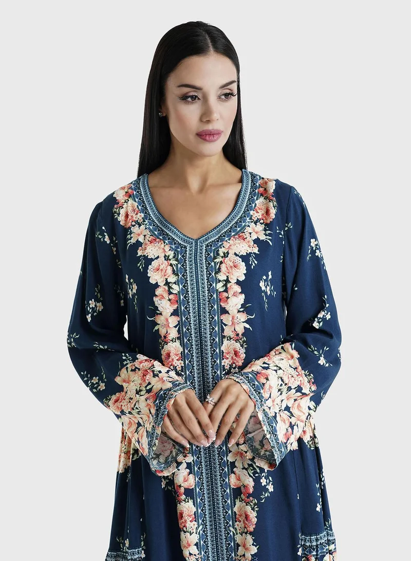 KASHKHA Navy Blue Floral Printed Viscose Stone Work Jalabiya (VDM557B)