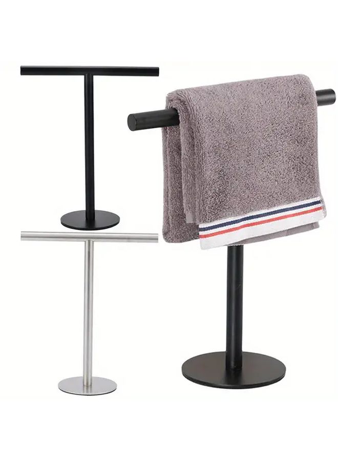Stainless Steel T Shaped Hand Towel Holder Freestanding Towel Bar Rack With Multiple Hooks For Bathroom Organization Contemporary Design No Installation Needed Minimalist Rack Sleek Finish Apartment Living B - Image 1