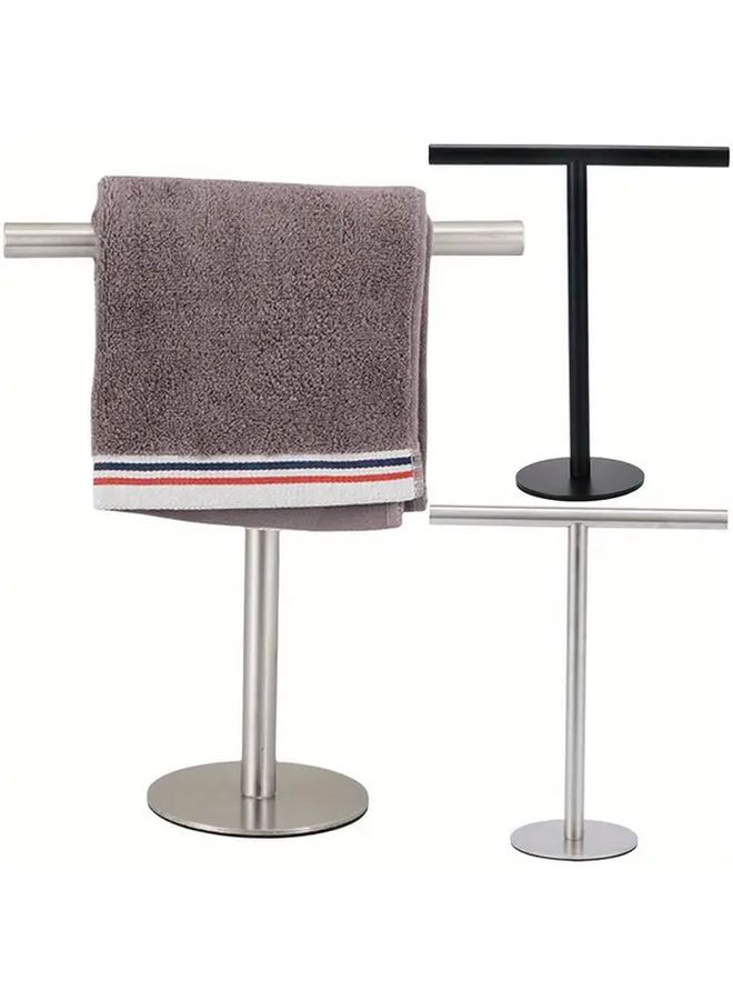 Stainless Steel T Shaped Hand Towel Holder Freestanding Towel Bar Rack With Multiple Hooks For Bathroom Organization Contemporary Design No Installation Needed Minimalist Rack Sleek Finish Apartment Living B - Image 2