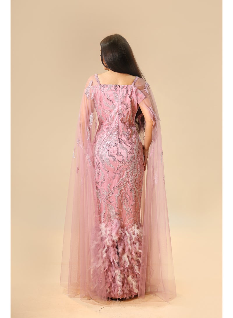 FAIZ COUTURE Elegant Pink Embellished Gown with Feather Details - Image 3