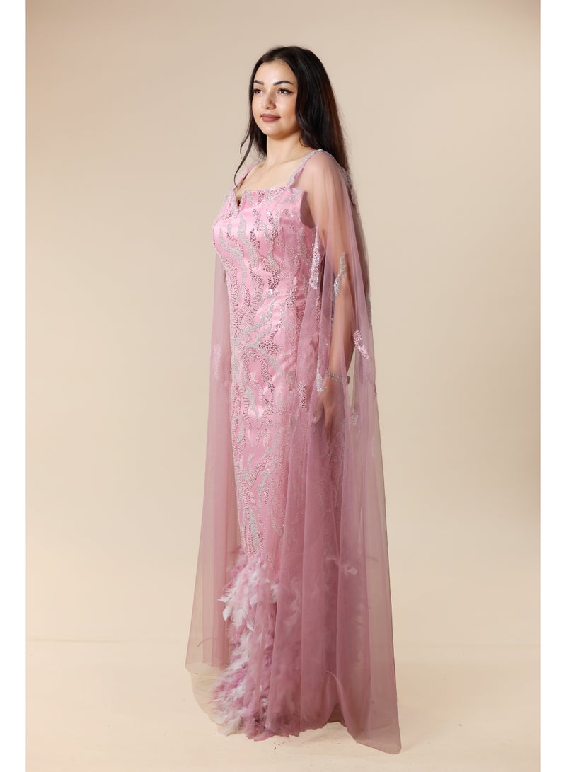 FAIZ COUTURE Elegant Pink Embellished Gown with Feather Details - Image 2
