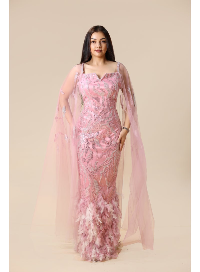 FAIZ COUTURE Elegant Pink Embellished Gown with Feather Details - Image 1