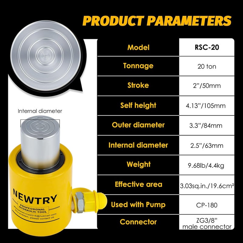NEWTRY 20 ton Hydraulic Ram Cylinder Jack 2’’/50mm Stroke Porta Power Ram Industrial Lifting Jack Retract Automatically - Image 3