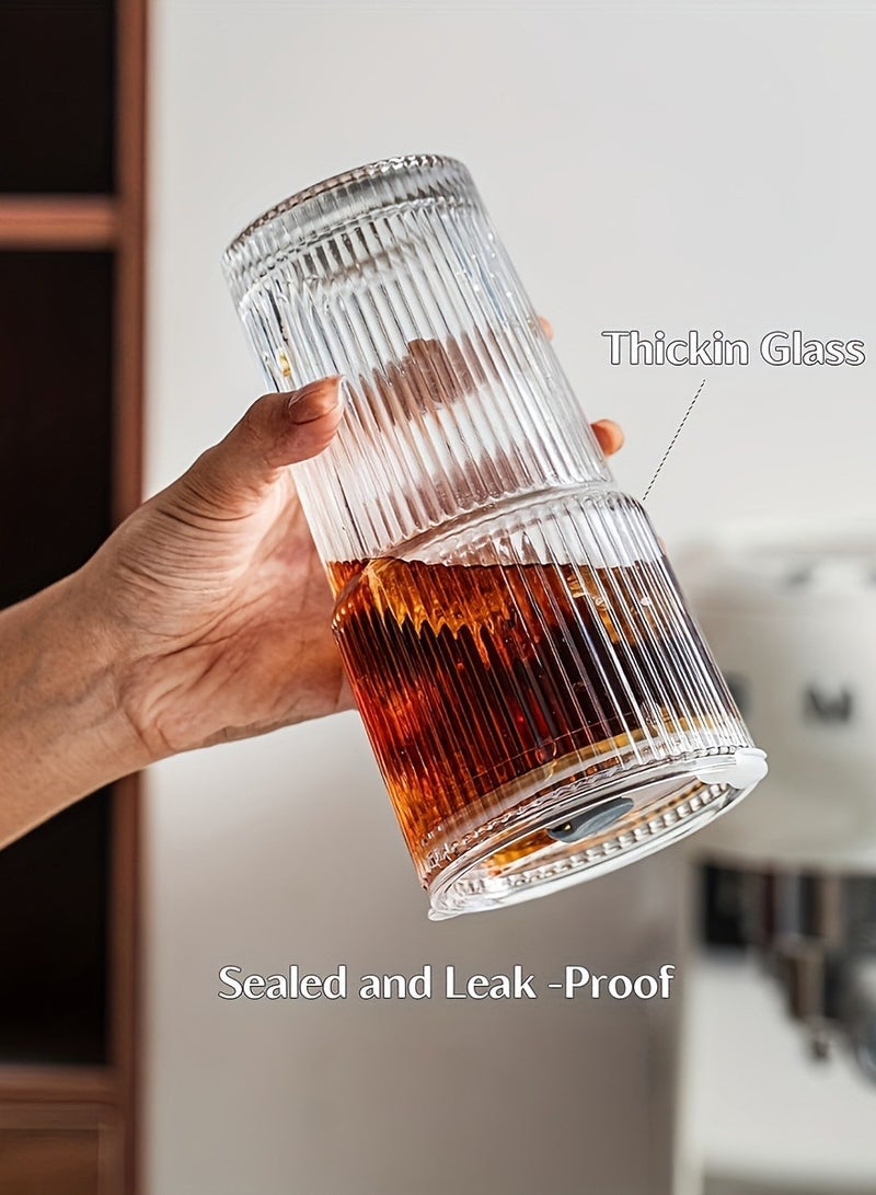 20oz Drinking Glass with Straw Lid Vertical Stripes Ribbed Iced Coffee Mugs Vintage Glass Cup for Tea Juice Soda Smoothie  - Image 3