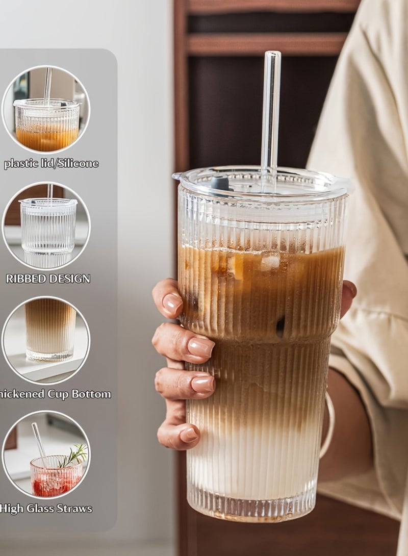 20oz Drinking Glass with Straw Lid Vertical Stripes Ribbed Iced Coffee Mugs Vintage Glass Cup for Tea Juice Soda Smoothie  - Image 1