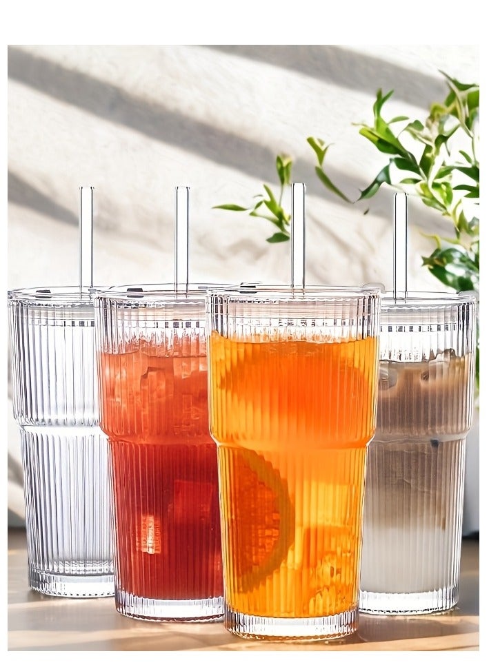 20oz Drinking Glass with Straw Lid Vertical Stripes Ribbed Iced Coffee Mugs Vintage Glass Cup for Tea Juice Soda Smoothie  - Image 4
