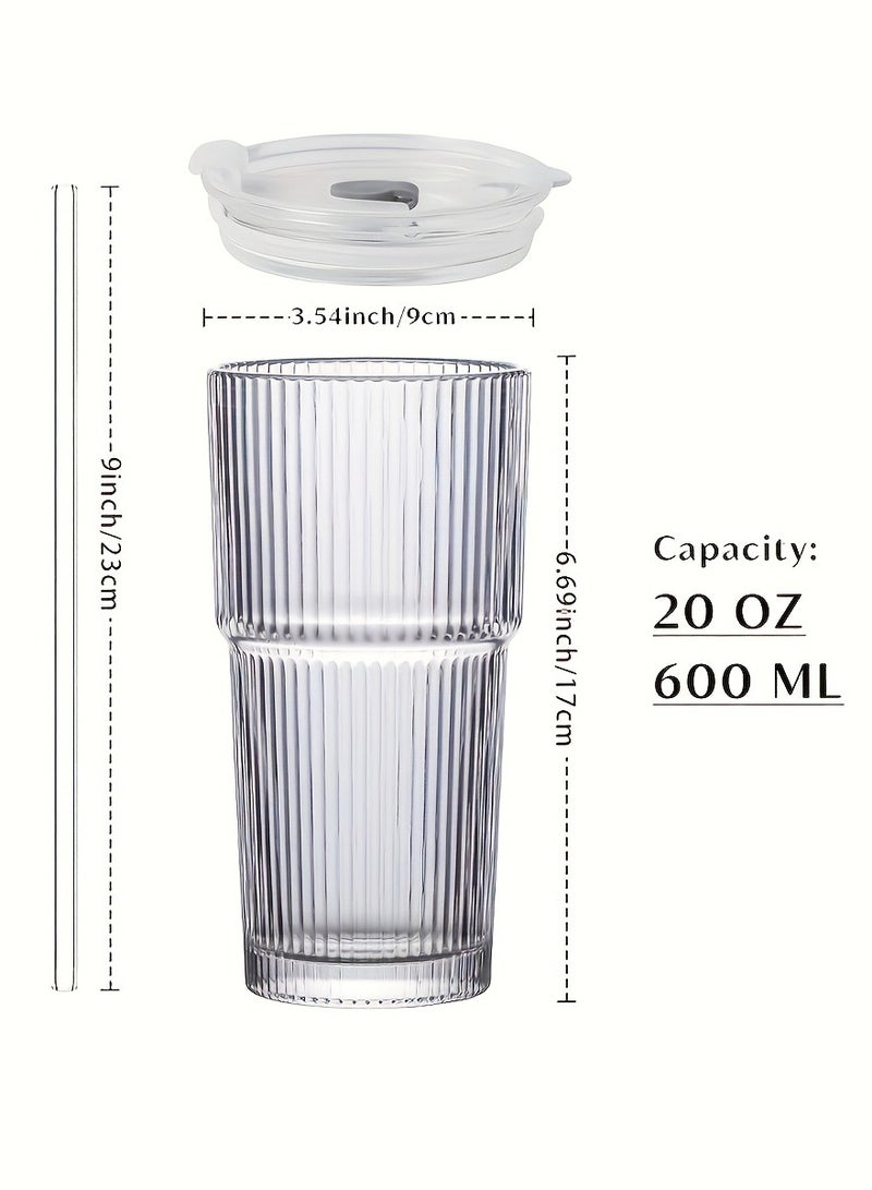 20oz Drinking Glass with Straw Lid Vertical Stripes Ribbed Iced Coffee Mugs Vintage Glass Cup for Tea Juice Soda Smoothie  - Image 5