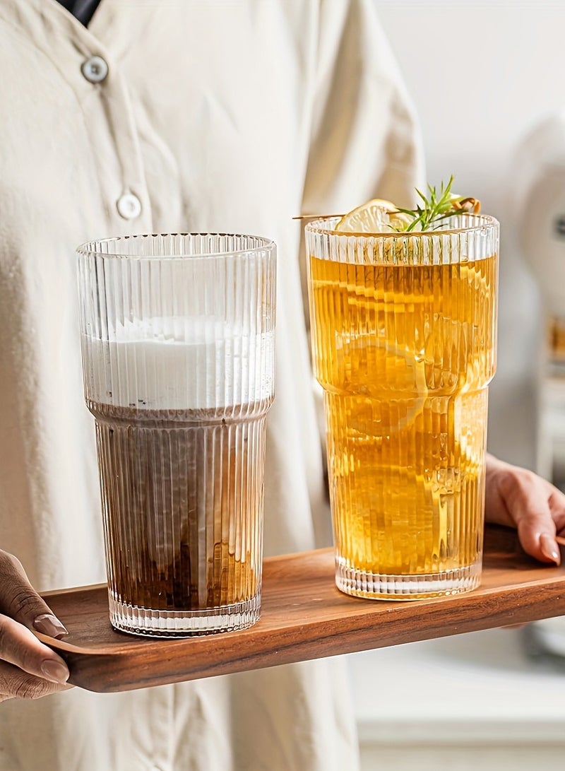 20oz Drinking Glass with Straw Lid Vertical Stripes Ribbed Iced Coffee Mugs Vintage Glass Cup for Tea Juice Soda Smoothie  - Image 2