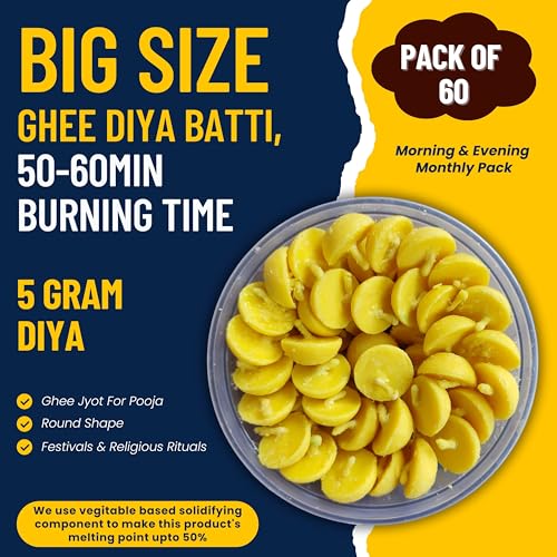 R Wellness ® Big Ghee Diya for Puja, 60 Pcs, Wax Free Ghee Batti/Wicks/Jyot for Puja Aarti, (Pack of 1, Yellow, 60 Pcs 5 Gram 1 Hour Burning Time) - Image 2