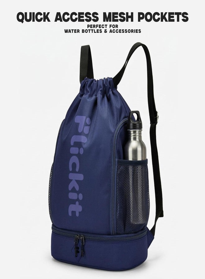 FLICKIT Pro Drawstring Sports Backpack with Shoe Compartment | Waterproof Gym & Football Bag | Mesh Side Pockets | Dual Zip Storage - Image 5