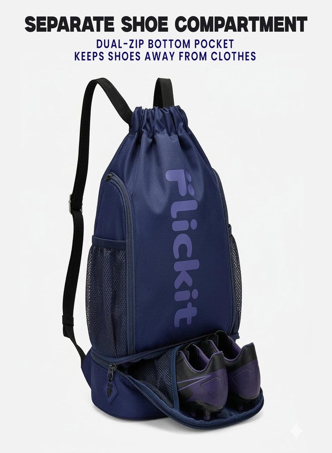 FLICKIT Pro Drawstring Sports Backpack with Shoe Compartment | Waterproof Gym & Football Bag | Mesh Side Pockets | Dual Zip Storage - Image 2