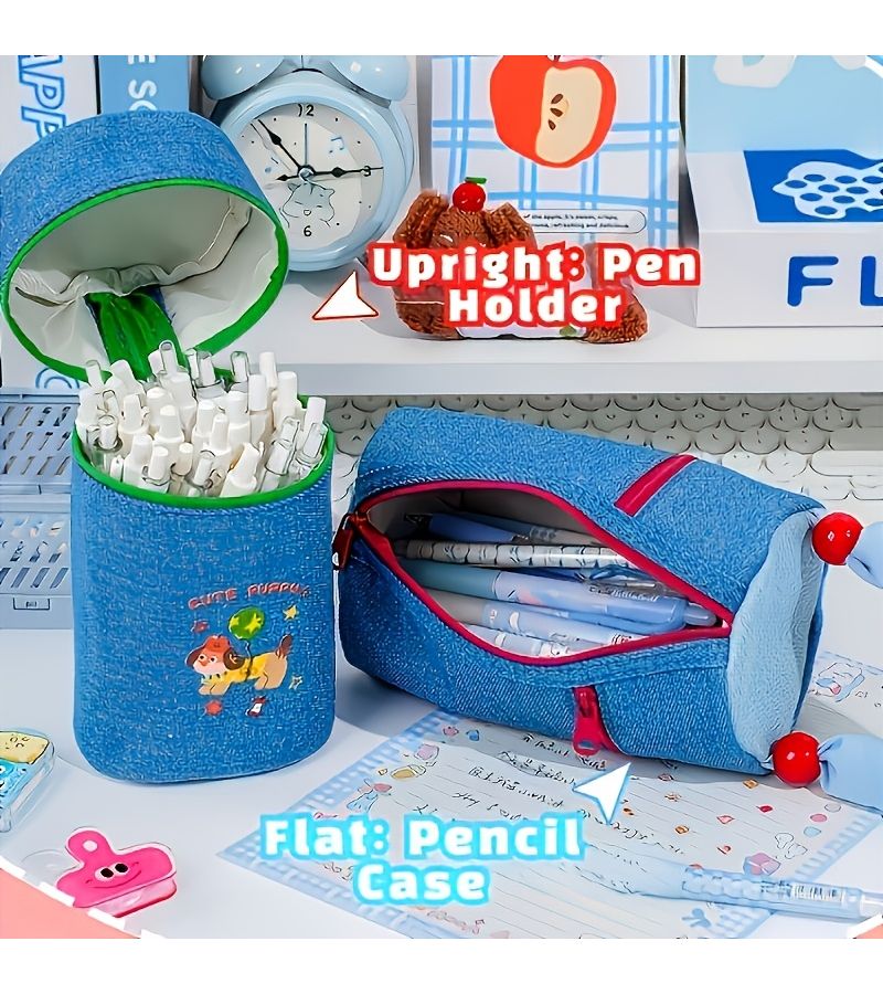 Red Denim Puppy Pencil Case Dual Use Pen Holder Wear Resistant Sponge Handle Large Opening High Capacity Holds About 50 Pens Portable Student Study Office Desktop Organization Classroom - Image 5