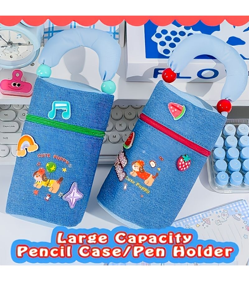 Red Denim Puppy Pencil Case Dual Use Pen Holder Wear Resistant Sponge Handle Large Opening High Capacity Holds About 50 Pens Portable Student Study Office Desktop Organization Classroom - Image 1