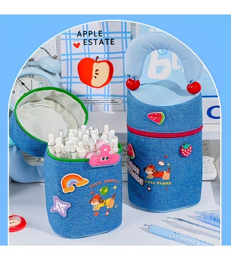 Red Denim Puppy Pencil Case Dual Use Pen Holder Wear Resistant Sponge Handle Large Opening High Capacity Holds About 50 Pens Portable Student Study Office Desktop Organization Classroom - Image 3