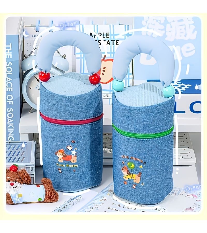 Red Denim Puppy Pencil Case Dual Use Pen Holder Wear Resistant Sponge Handle Large Opening High Capacity Holds About 50 Pens Portable Student Study Office Desktop Organization Classroom - Image 2