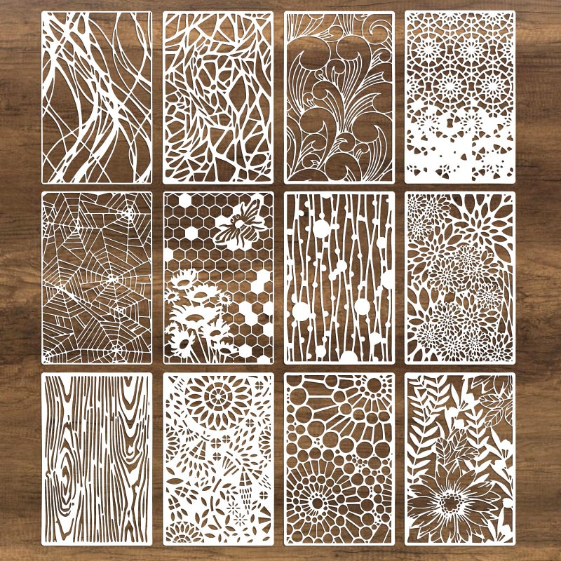 LLOUSSAK 12Pcs Mixed Stencils for Painting, Art Stencils for Crafts Reusable, Wood Grains Flower Texture Templates Spider Web Layering Spray Paint Stencils Kit on Wall Canvas Cake Card DIY (11Ã—7'') - Image 1