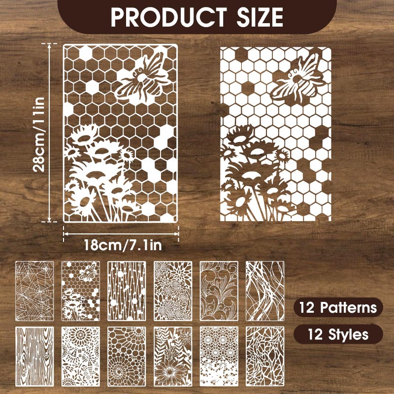 LLOUSSAK 12Pcs Mixed Stencils for Painting, Art Stencils for Crafts Reusable, Wood Grains Flower Texture Templates Spider Web Layering Spray Paint Stencils Kit on Wall Canvas Cake Card DIY (11Ã—7'') - Image 2