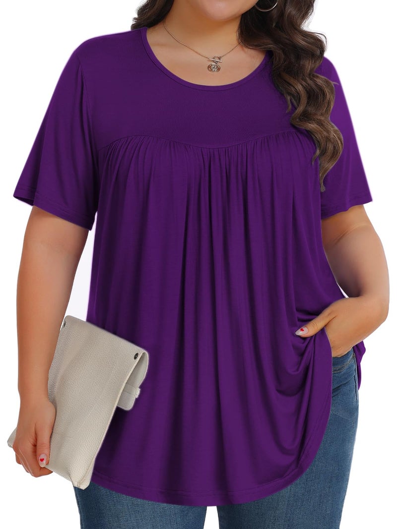 Tencede Womens Plus Size Tops Tunic Short Sleeve Crew Neck Shirts Casual Soft Blouse Dark Purple 3X - Image 1