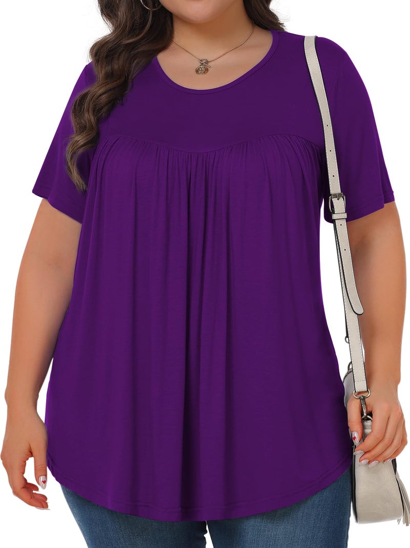 Tencede Womens Plus Size Tops Tunic Short Sleeve Crew Neck Shirts Casual Soft Blouse Dark Purple 3X - Image 2