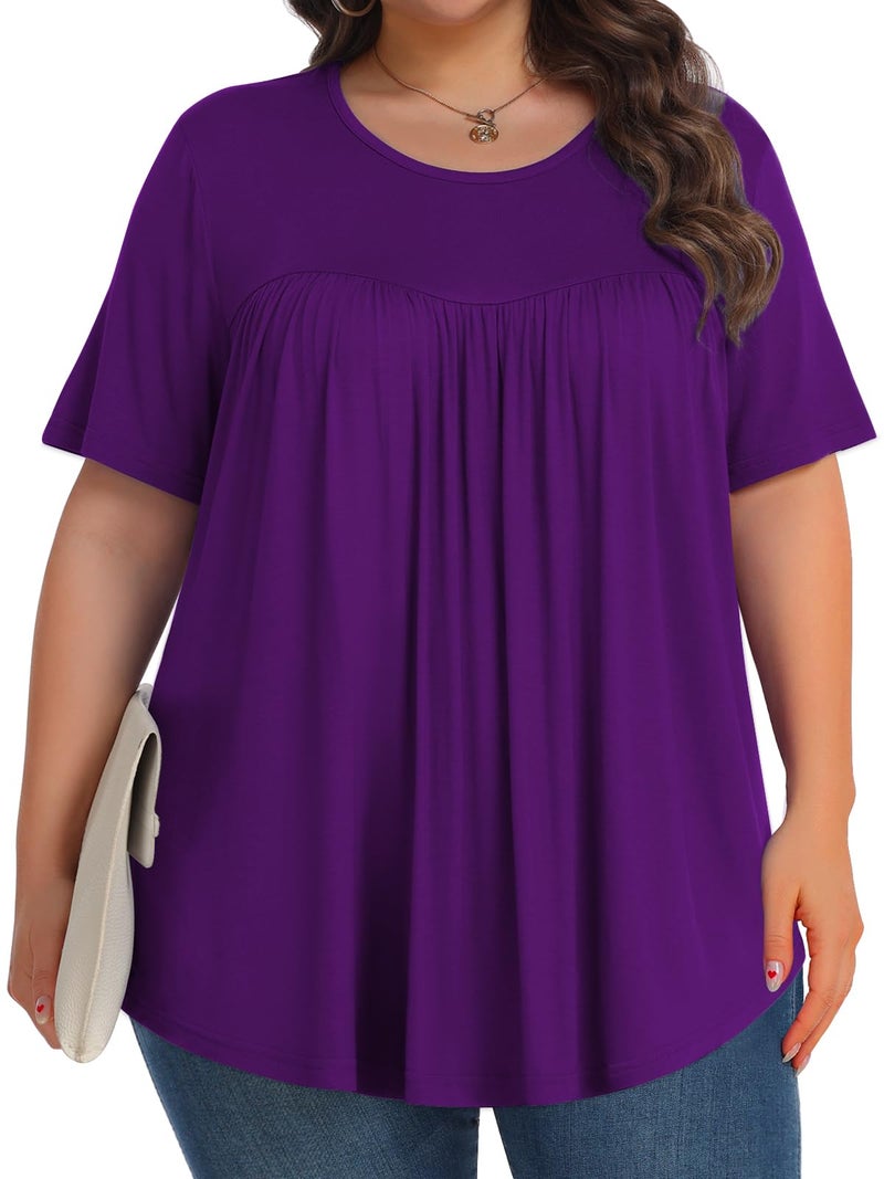 Tencede Womens Plus Size Tops Tunic Short Sleeve Crew Neck Shirts Casual Soft Blouse Dark Purple 3X - Image 3