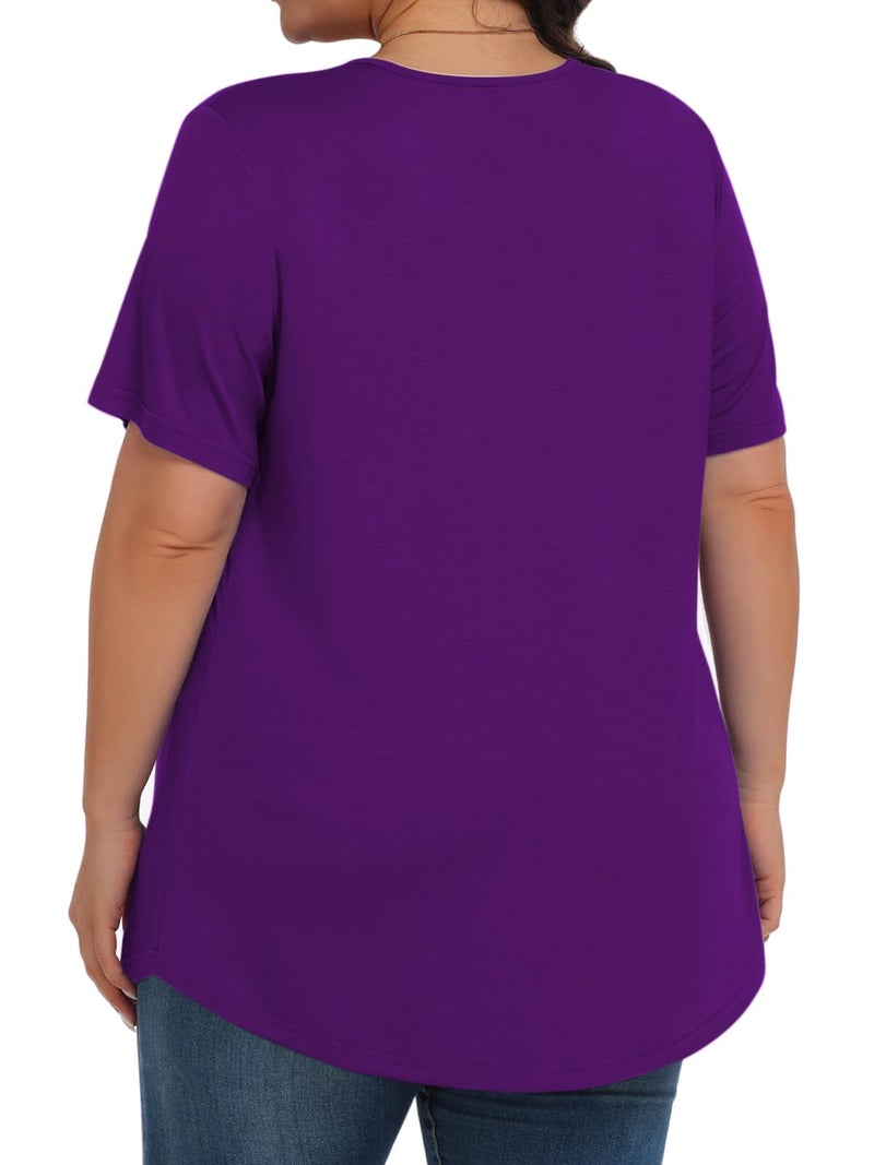 Tencede Womens Plus Size Tops Tunic Short Sleeve Crew Neck Shirts Casual Soft Blouse Dark Purple 3X - Image 4
