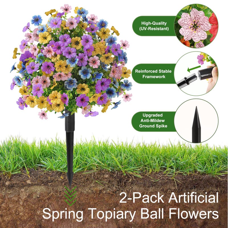 Alupssuc 2Pcs 20" Artificial Topiary Ball Flowers for Outdoors, Spring Decoration with Spike, UV Resistant Faux Summer Plants, Fake Bushes Indoor Decor, Mix 4 Colors for Garden, Porch, Home & Patio - Image 3