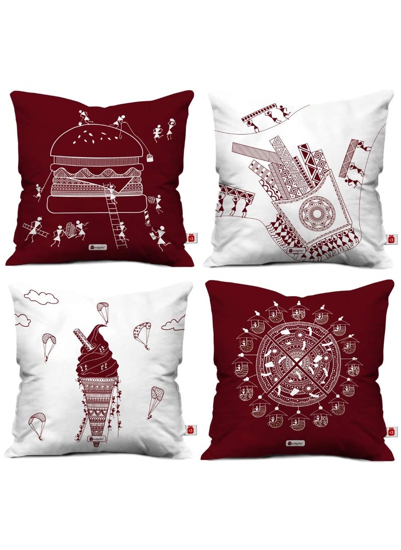 Indigifts Indigifts Diwali Decoration for Home, Satin Warli Art Print, Food Lovers Themed Designer Printed Square Cushion Cover Pillow Set of 4 for Car (16x16 Inch)  - Image 1
