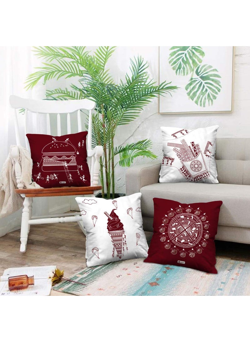 Indigifts Indigifts Diwali Decoration for Home, Satin Warli Art Print, Food Lovers Themed Designer Printed Square Cushion Cover Pillow Set of 4 for Car (16x16 Inch)  - Image 2