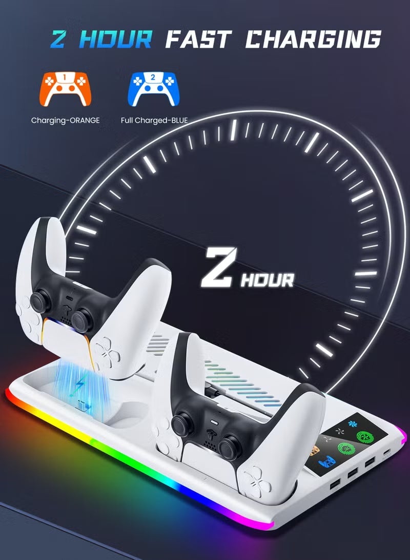 زونبون حامل PS5 ومحطة تبريد مع محطة شحن مزدوجة لوحدة التحكم، بما في ذلك شاحن وحدة التحكم ومروحة التبريد ومصباح LED RGB ومحور USB (مناسب لإصدار PS5/PS5 slim/PS5 Pro) أبيض - Image 2