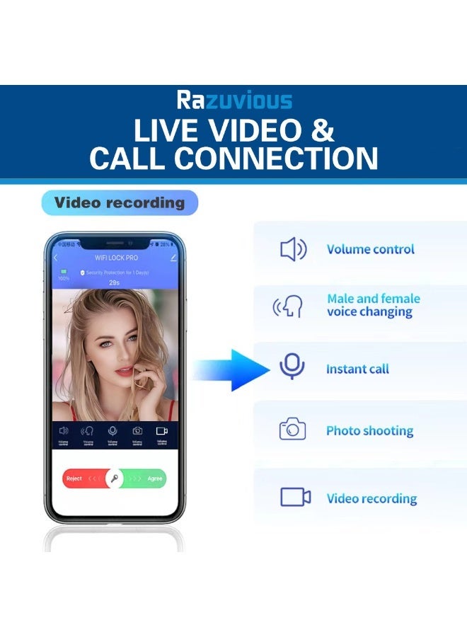 رازوفيوس قفل باب ذكي مزود بكاميرا، وتقنية التعرف ثلاثي الأبعاد على راحة اليد والوجه، وقفل اتصال فيديو عبر WiFi، وتطبيق للتحكم عن بعد للمنزل والمكتب والشقق والفنادق - Image 4