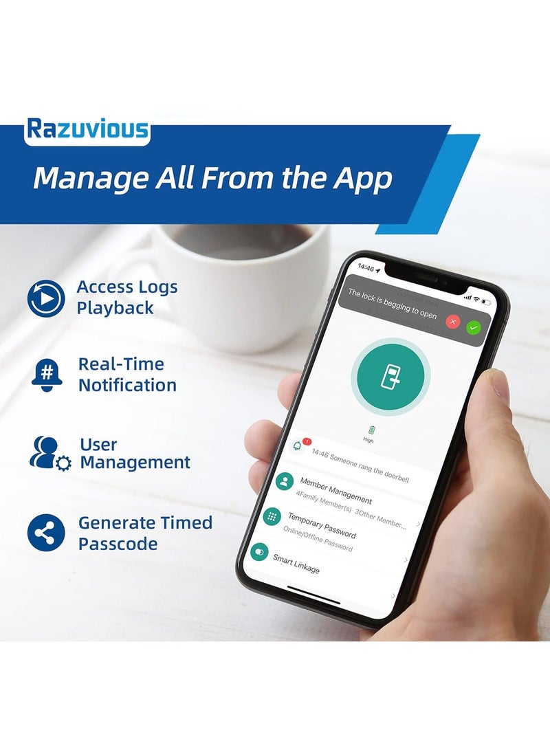 رازوفيوس قفل باب ذكي مزود بكاميرا، وتقنية التعرف ثلاثي الأبعاد على راحة اليد والوجه، وقفل اتصال فيديو عبر WiFi، وتطبيق للتحكم عن بعد للمنزل والمكتب والشقق والفنادق - Image 5