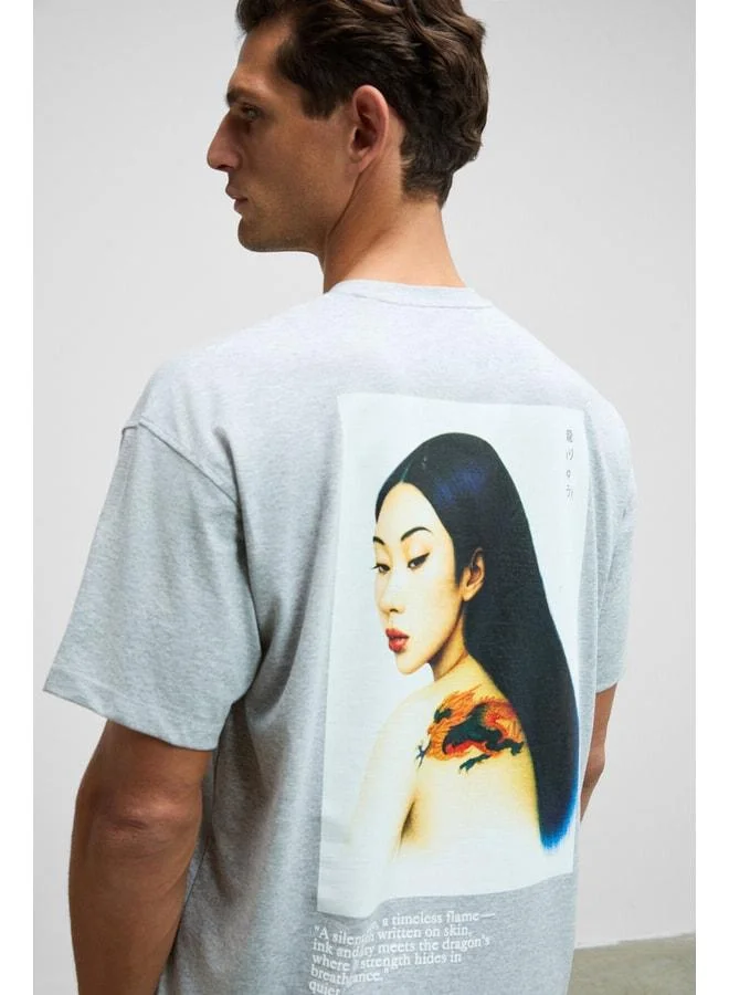 Grimelange DRAGON Men's Chest and Back Printed 100% Organic Cotton Oversized Fit Crew Neck Grey Melange T-Shirt.
