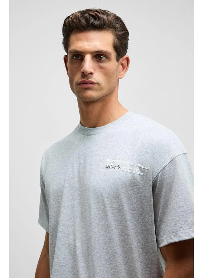 Grimelange DRAGON Men's Chest and Back Printed 100% Organic Cotton Oversized Fit Crew Neck Grey Melange T-Shirt.