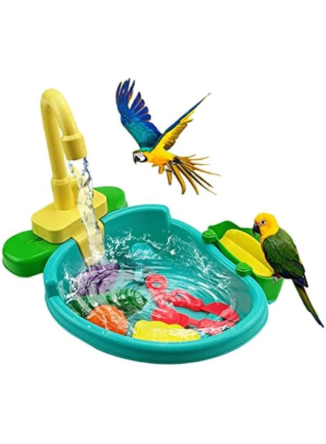 Parrot Automatic Bathtub,Bath Tub for Bird Parrot w/Faucet,Bird Bath Tub Parrot Bath Swimming Pool Toy,Bird Shower Bathing Tub for Canary,Love Bird,Goldfinch Bath Shower Water Dispenser (Green) - Image 1