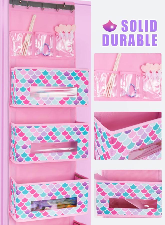 WERNNSAI Mermaid Door Hanging Organizer - Over Door Storage with 4 Large Pockets 3 Clear Small Pockets for Girl 49” x 14” x 5” Baby Storage Toys Towels Sundries for Children Room Bedroom Kitchen