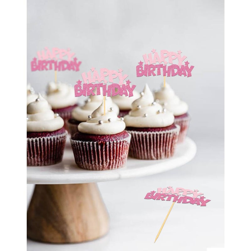 Moitkptt 24pcs Happy Birthday Cupcake Toppers  Happy Birthday Cake Decorations for Birthday for Celebrating Happy Birthday Party (Pink A) - Image 5