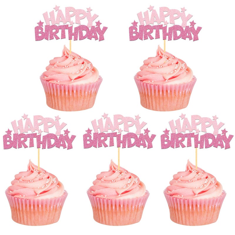 Moitkptt 24pcs Happy Birthday Cupcake Toppers  Happy Birthday Cake Decorations for Birthday for Celebrating Happy Birthday Party (Pink A) - Image 1