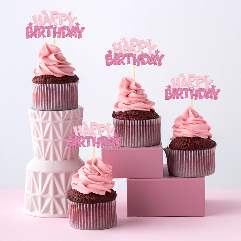 Moitkptt 24pcs Happy Birthday Cupcake Toppers  Happy Birthday Cake Decorations for Birthday for Celebrating Happy Birthday Party (Pink A) - Image 3