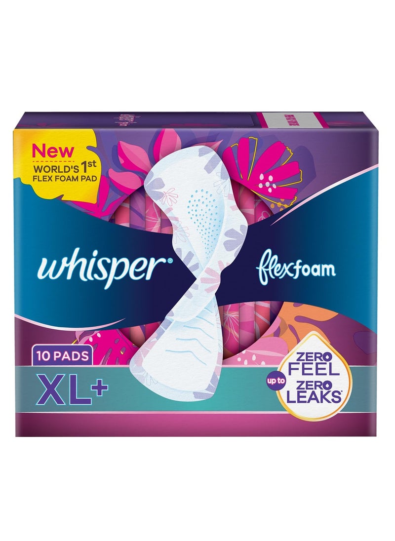 Whisper Whisper Flexfoam, 10 XL+ Sanitary Pads for Women, Upto Zero Feel Zero Leaks, World's 1st Flexfoam Pad, Upto 100% leak free, Seamlessly Conforms to your body  - Image 1