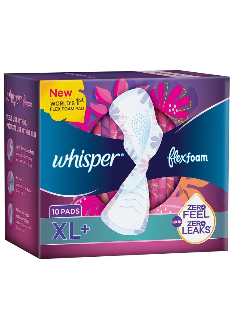 Whisper Whisper Flexfoam, 10 XL+ Sanitary Pads for Women, Upto Zero Feel Zero Leaks, World's 1st Flexfoam Pad, Upto 100% leak free, Seamlessly Conforms to your body  - Image 2