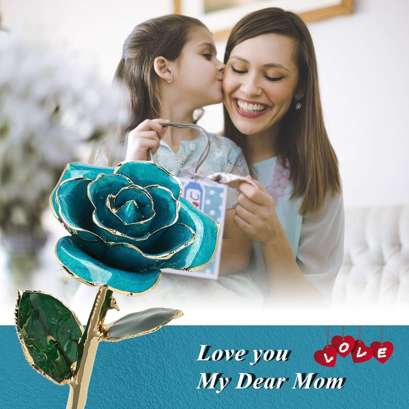 klarako 24K Light Blue Rose for Her, Dipped Gold Rose Eternity Love Real Golden Plated Preserved Forever Flower with Rose Stand Present for Wife/Girlfriend/Lover (Light Blue) - Image 4