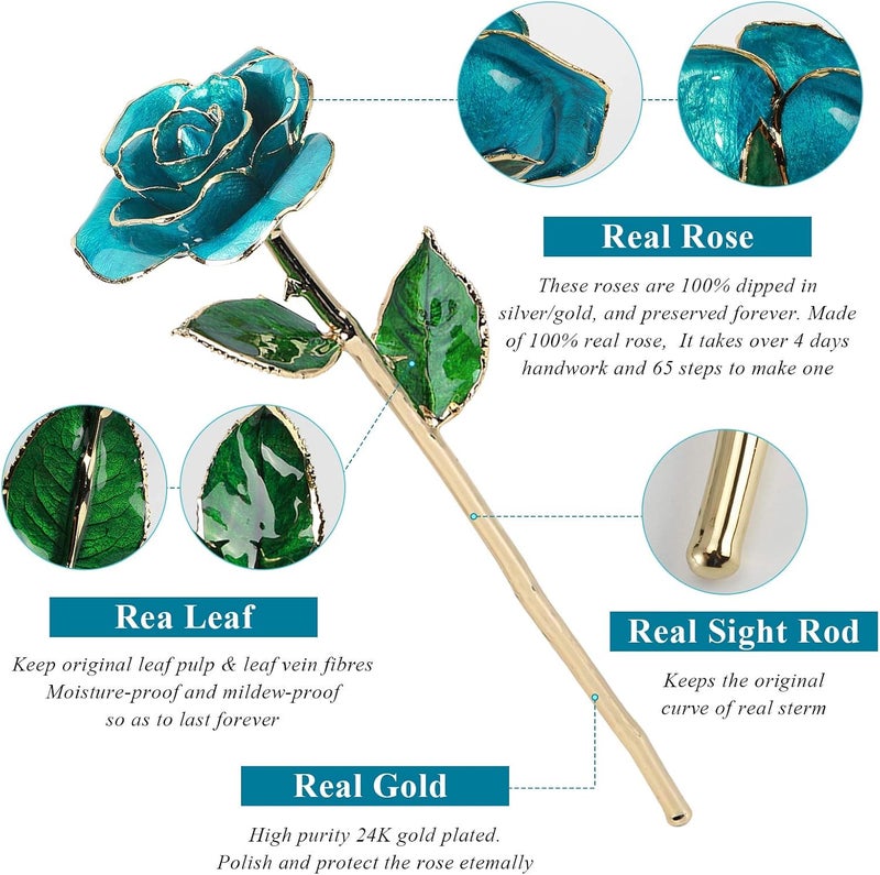 klarako 24K Light Blue Rose for Her, Dipped Gold Rose Eternity Love Real Golden Plated Preserved Forever Flower with Rose Stand Present for Wife/Girlfriend/Lover (Light Blue) - Image 2